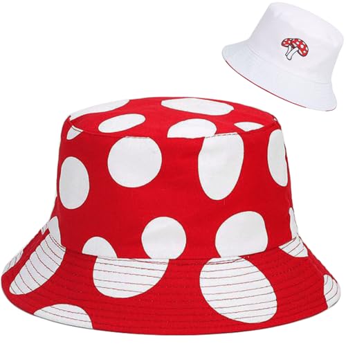 Malaxlx Damen Rot Weiß Pilz Fischerhut Bucket Hat Anglerhut Reversibel Fischerhüte Sonnenhut Sommerhut Faltbarer Draussenhut