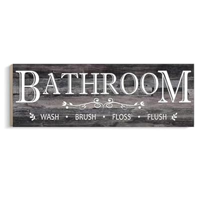 Wooden Bathroom Sign Grey Wall Art Decor - Wash Brush Flush Floss - Rustic Solid Wood Decorative Signs for Farmhouse Wall Decorations, 4.7x13.7 Inch