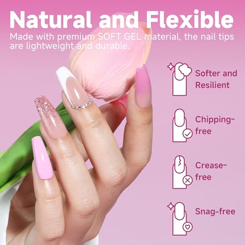 Image of UNA GELLA Medium Coffin Nails Tips Soft Gel 120pcs Half Matte | Nail Tips Coffin Full Cover Fake Acrylic Nails Clear Coffin Press on Nails for Nail Extensions Home DIY Salon 12 Sizes