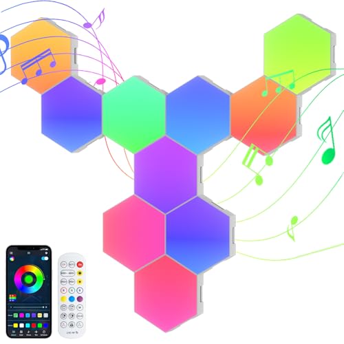 10 Stück LED Sechseck Hexagon Panel Gaming Wandleuchte, RGB Hexagon LED Panels, Musik-Sync & App Steuerung, Kreative WandDeko, Smart Wandbeleuchtung für Gamer Zimmer, Gaming Beleuchtung & Zimmer Deko