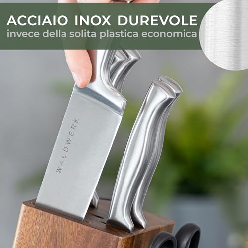 WALDWERK Blocco Coltelli - Set coltelli da cucina 7 pezzi con blocco porta coltelli e affilacoltelli integrato - ceppo coltelli da cucina - set coltelli da cucina professionali - immagine 3