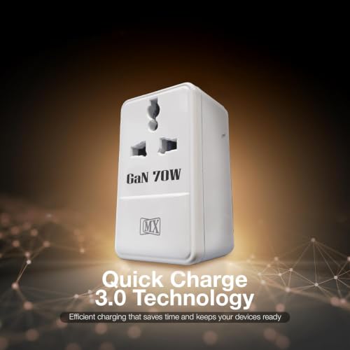 Image of MX 70W Universal Travel Adapter UK Plug with Dual USB-C PD Ports, GaN Fast Charger, International Plug Adapter with Universal AC Socket for Laptop, MacBook, iPhone, iPad, Tablet - White