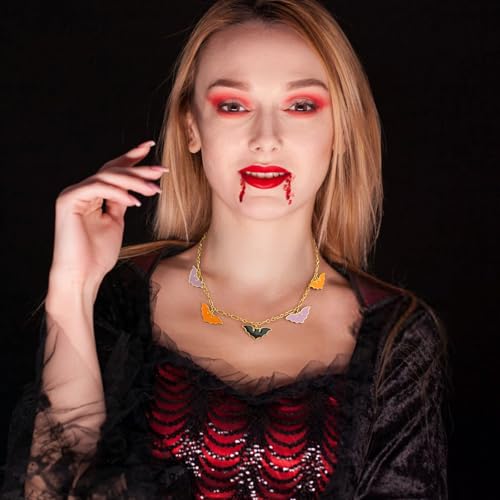 WOWORAMA Halloween Bat Pendant Necklaces for Women Funny Colorful Dripping Oil Bats Chain Choker Necklace Statement Holiday Halloween Jewelry for Women