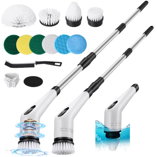 Cepillo Electrico Limpieza Hogar, 12 en 1 Cepillo Limpieza Electrico con Mango Ajustable, 2 Velocidades Ajustables, Impermeable, Fregadora Giratoria Eléctrica para Baño, Pared, Bañera, Azulejo, Piso