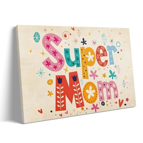 Super Mom Canvas Wall Art, Colorful Lettering and Whimsical Icons Poster Print, Retro Pop Art Framed Wall Decor Mom Gift for Fun Loving Mothers, Nursery or Playroom Decoration 20x24inch