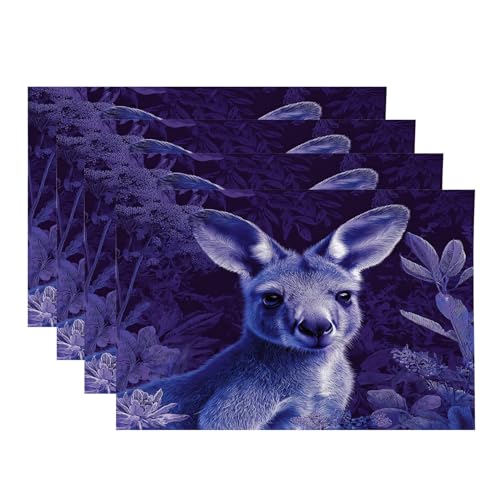 Baonews Niedliche Känguru-Tischsets, Känguru in violetten Pflanzen, Platzsets für Esszimmer/Küchentisch, wasserdicht, waschbar, Leinen, Wärmeisolierung, 30,5 x 45,7 cm, 4 Stück