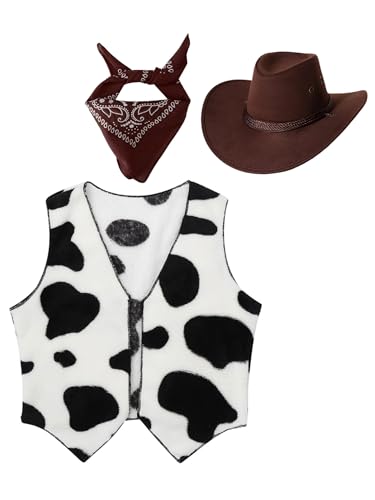 Choomomo Kids Cowboy Cowgirl Outfits Cow Pattern Western Vest with Drawstring Hat and Bandanna Scarf
