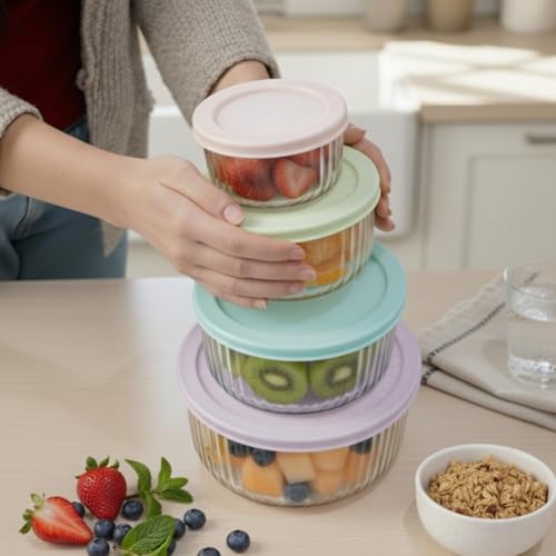 Image of Femora Borosilicate Glass Round Food Storage Containers with Airtight Lids Set of 4 (230ml, 460ml, 950ml, 1650ml) | Multicolour | Microwave, Oven & Dishwasher Safe | Leakproof Meal Prep Containers