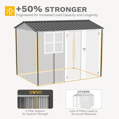 Image of DWVO 8' x 6' Outdoor Storage Shed, Waterproof Metal Garden Shed with Windows, Lockable Doors, and Sloped Roof for Patio, Backyard, Lawn, Tool Storage, Bike Shed, Pet Shelter (Gray + White)