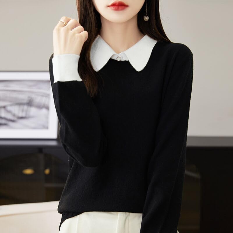 LAI MENG FIVE CATS Women's Polo Contrast Collar Knitwear Casual Long Sleeve Patchwork Pullover Blouse Top - Image 2