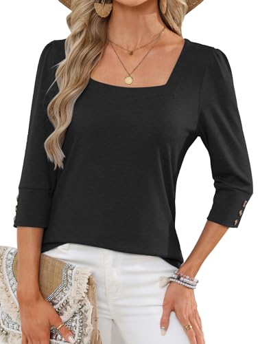 Image of Famulily Women's Square Neck 3/4 Puff Sleeve Tops Casual Solid Color Button T Shirts Loose Blouses for Spring Summer (XXL, Black)