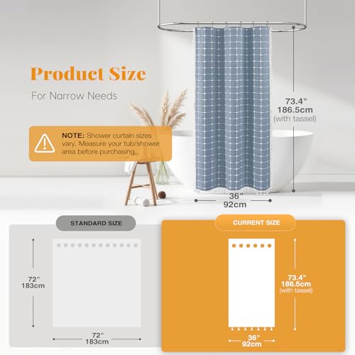 Image of BTTN Blue Boho Farmhouse Linen Thick Water Repellent Shower Curtain, 36x72 | Stall Size, Heavy Duty Fabric, 6 Plastic Hooks, Three-sided Tassels, Bohemian French Country, Machine Washable, Wrinkle Free