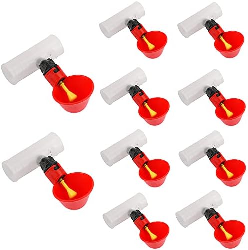 10 Pieces Automatic Poultry Drinking Cups, Chicken Water Feeder Chicken Waterer Drinking Cups and 10 Pieces Chicken Waterer PVC Tee Fittings for Chicken Quail Pigeon Duck
