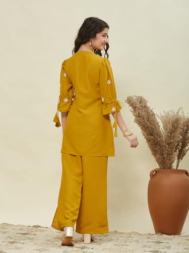 Image of Girls Floral Embroidered Kurta and Palazzo Pants Co-ord Set with V Neck Elegant Traditional Outfit for Festive and Functions
