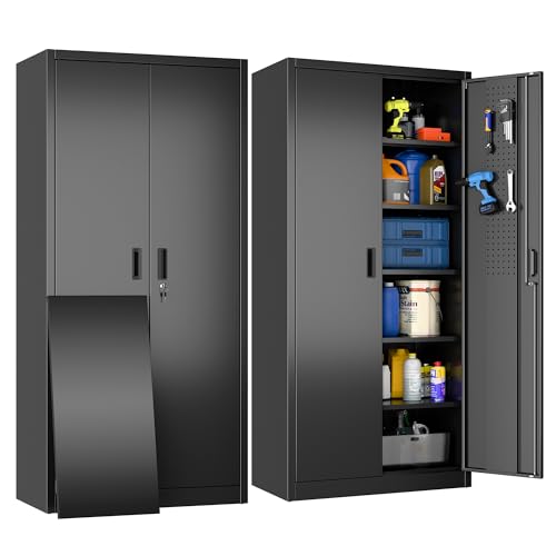 Image of Metal Storage Cabinets with 2 Doors and 5 Adjustable Shelves, 71 inch H Lockable Garage Storage Cabinet with Pegboard and Hooks, File Cabinet with Lock for Office, Home, Garage, Black