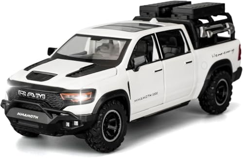 Image of 1 /32 Ram Pickup Truck Diecast Model Toy Car Metal Truck with Sound & Light Pull Back Friction Powered Toy Vehicle Openable Doors Collectible Gift for Kids & Boys (White)