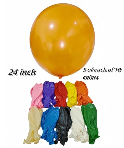 Image of 50 Pack 24 inch Balloons 10 Colors Latex Rainbow Party Big Balloon Bulk for Various Party Events Decorations