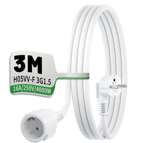 POWGRN Verlängerungskabel 3M Weiß H05VV-F 3G1 5 90 abgewinkeltes Schuko-Verlängerungskabel mit Knickschutz 16A/250V leistungsstarkes Stromkabel inklusive Kabelbinder für Haushaltsgeräte