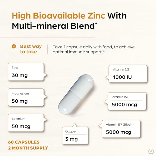Image of Zinc 30mg with Copper, Selenium & Vitamin D3 | 60 Capsules | Magnesium, Vitamin B6, Biotin Complex | Absorbable Chelated Zink Supplements for Men & Women | for Hair, Skin, Nails & Immune Support