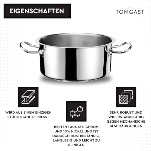 TOMGAST EXCLUSIVE Topf Durchmesser 32 cm | Fassungsvermögen 10 l, Höhe 13 cm | Edelstahl, außen hochglanzpoliert | ergonomischer Griff | Dreischichtboden | Induktion | Spülmaschinenfest