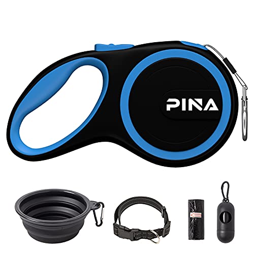 PINA Upgraded Retractable Dog Leash, 26ft Strong Anti-bite Nylon Tape for Small Medium Dogs up to 110 lbs,Heavy Duty Pet Walking Leash with Anti-Slip Handle,One Button Lock & Release Black Blue