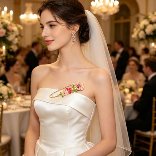 Crystal Flower Brooch Sweater Shawl Brooch Collar Safety Pin Stylish Chic Multi-colored Tulip Flower Pin Rhinestone Enamel Broochs Wedding Party Accessories Jewelry for Women (Rose red) by IS4U - Image 2