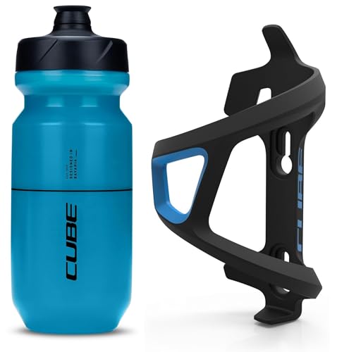 Cube HPP Left Side Loading Cage - Black/Blue & Flow Bottle - Blue, 500ml / Lightweight Bicycle Cycling Cycle Bike MTB Mountain Road Water Drink Flask Bidon Bracket Mount Holder HPA Set Accessories