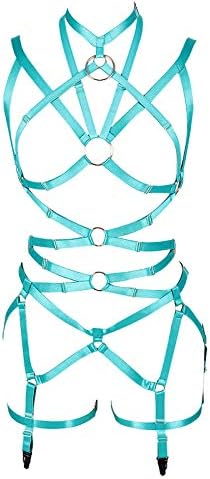 PETMHS Women's Punk Cut Out Harness Body Full Strappy Lingerie Garter Belts Set Elasticity Goth Club Rave Wear (Jade Green) One Size