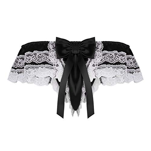 Dpois Mens Shiny Satin Frilly Ruffled Floral Lace Sissy Briefs Thongs Flutter Crossdress Girly Maid Panties Underwear Black Medium #TOP5