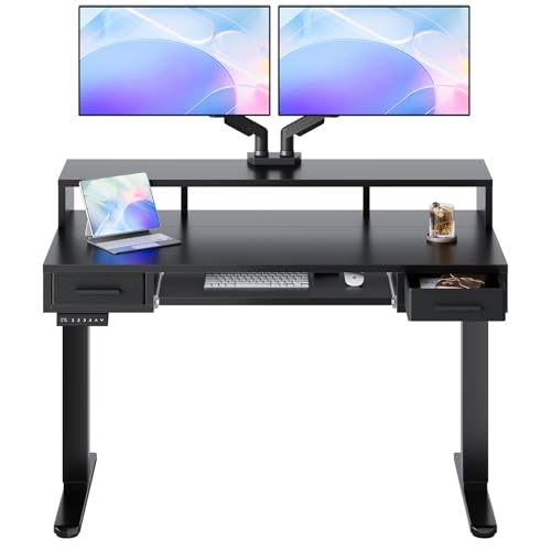 Image of HUANUO 48″ x 26″ Electric Standing Desk with 2 Drawers &24.4″ Large Keyboard Tray, C-Clamp Mount Compatible, Adjustable Computer Desk for Office, Sit Stand Up Desk with 4 Height Presets, Black