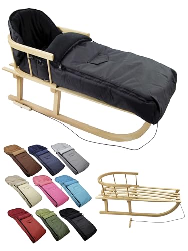 BambiniWelt Holzschlitten mit Rückenlehne & Zugseil + Winterfußsack 108 cm – warmes Thermofleece, wasserabweisend – Kombi-Set für Kinderwagen & Buggy, Farbe: schwarz