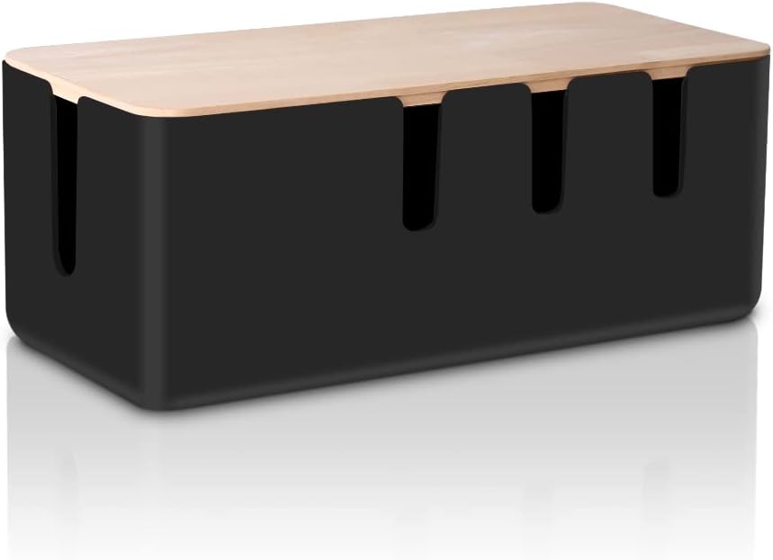 Cable Management Box by Baskiss, Solid Wood Lid, Cord Organizer for Desk TV Computer USB Hub System to Cover and Hide & Power Strips & Cords (Black, Medium Size)