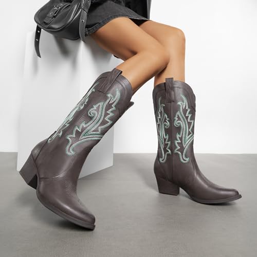 Image of DREAM PAIRS Women's Cowboy Cowgirl Western Boots | Embroidered Pointed Toe Low Heel Mid Calf Boot for Theme Party Country Concert