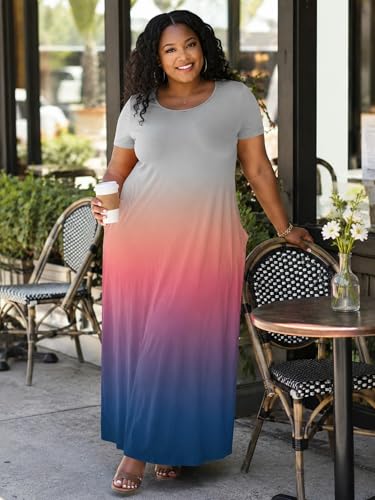 Image of PinkPatty Women's Plus Size Maxi Dresses Short Sleeve Sundress Summer T-Shirt Beach Long Dress with Pockets