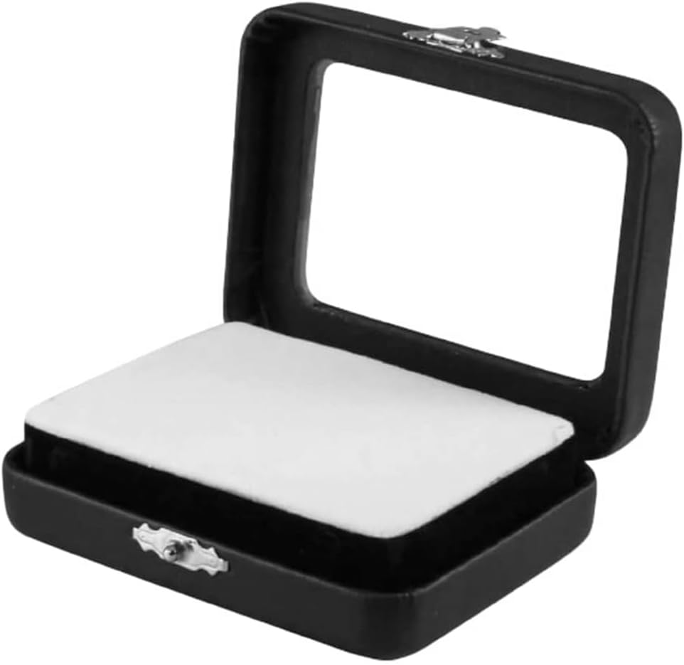 Novel Box Black Faux Leatherette Gem Display Loose Stone Box 3.5x2.75x1.12 with Reversible Black-White Pad - Jewelry Boxes with Clear Glass Top Clasp Lid & Sponge for Gems Coins Diamonds Storage
