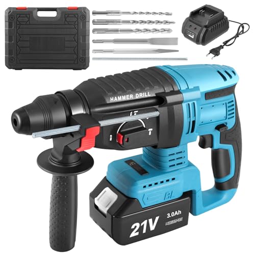 Akku Bohrhammer SDS-Plus 21V mit bürstenlosem Motor, 3000mAh Akku und Ladegerät, 4-in-1 Hammer Drill, Schlagbohrmaschine 26mm, 360° Drehgriff, 5 Bohrer inklusive, für Beton Stein Holz