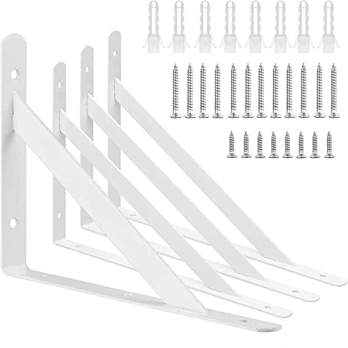 AConnet 4 Pack White Shelf Brackets 10 Inch Heavy Duty L Brackets for Shelves, Wrought Iron White Triangle Shelf Brackets, Wall Mounted Floating Corner Shelving Brackets with Mounting Screws