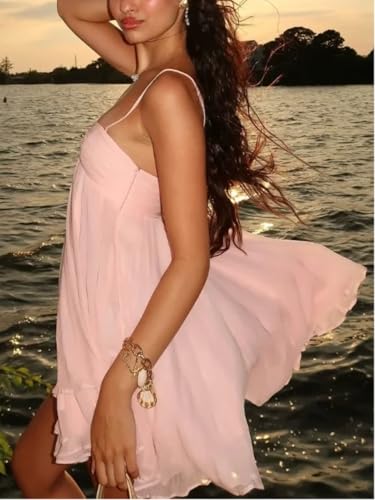 Women Chiffon Ruffles Sling Casual Sleeveless Backless U Neck Loose Mini Holiday Short Robes Dress4