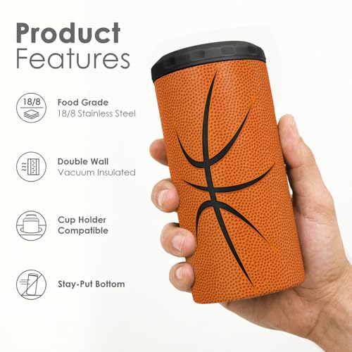Image of Basketball Can Cooler 12oz - Travel Mug Cups - Stainless Steel Insulated for Men Women Players - Tumbler Cans Koozie, Sport Gift for Fan Coach Lovers