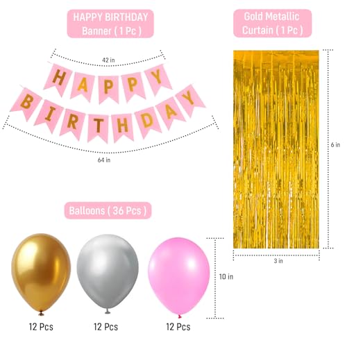 Image of Party Propz Birthday Decoration Kit - 37 Pcs Happy Birthday Decoration Kit for Boys, Girls & Husband, birthday Balloon Decoration Set with Pink, Silver & Golden Balloons