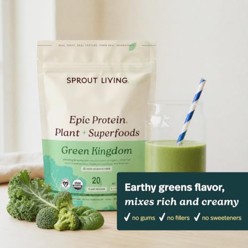 Image of Sprout Living Epic Protein, Plant Based Protein & Superfoods Powder, Green Kingdom | 20 Grams Organic Protein Powder, Greens, Vegan, Non Dairy, Non-GMO, Gluten Free, Low Sugar (1 Pound, 12 Servings)