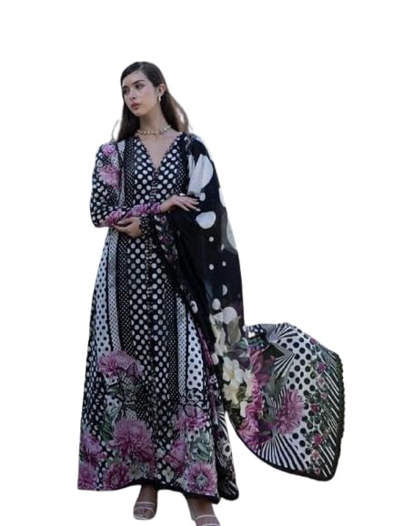 Unstitched Trending Pure Cotton Printed Pakistani Suit Set, Black and White, Polka Dot Floral Print, with Dupatta, Top 2.5m, Bottom 2m, Dupatta 2.2m-image-46
