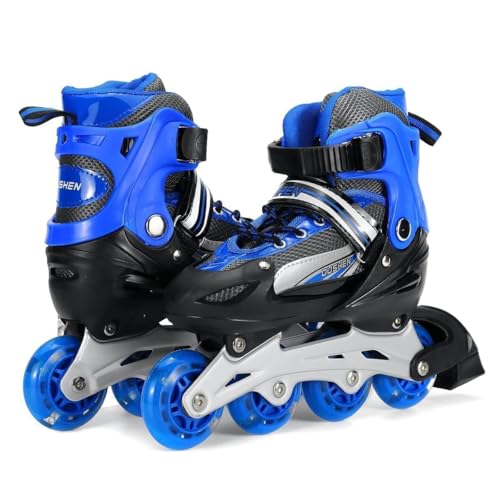 Image of Adjustable Inline Skates with Light-Up PU Wheels, Breathable Mesh Shoes, Double Buckle Strap, Rear Brake, Roller Skates for Kids, Boys & Girls 6-20 Year, Blue