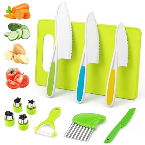 ITClosud 11 Pièces Couteaux de Cuisine, Outils de Cuisine pour Enfants, avec Planche à Découper, Emporte-Pièces à Légumes, Kit Couteau Sécurité de Cuisin pour Cadeau Enfant 2 3 4 5 6 Ans (11)