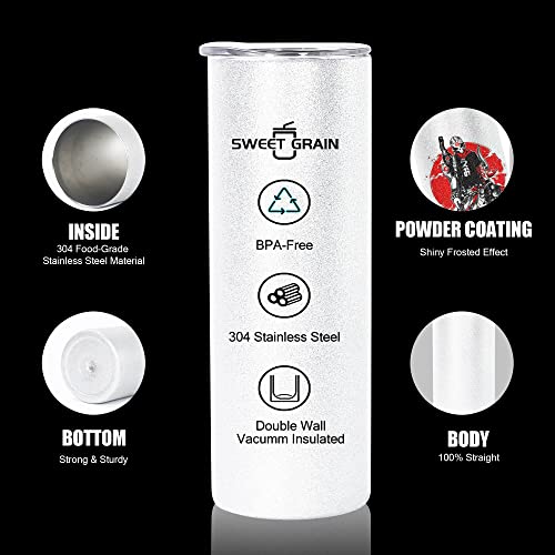 Sweet Grain Glitter Sublimation Tumblers 20Oz Skinny Straight(25Pack) - Insulated Stainless Steel Sublimation Tumblers Blanks With Lid, Straw & Individually Box - Glitter White #TOP1