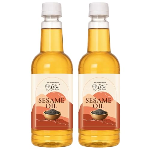 Image of LILA DRY FRUITS Sesame Oil 1.5 L (750 ML x 2) Gingelly Oil for Cooking, Tempering & Traditional Recipes | Natural Til ka Tel for Daily Kitchen Use Cold Pressed Seseme Oils Cholesterol Free Goodness of Omega 6