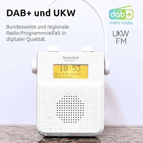 TechniSat DIGITRADIO 30 - wasserdichtes DAB+ Duschradio | UKW, DAB Digitalradio, integrierter Akku, Bluetooth, IPX5, Wecker, Favoritenspeicher, Kopfhörer-Anschluss, Weiß