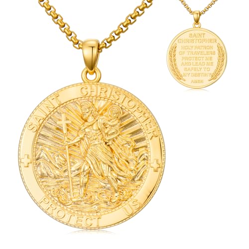 Taioiat 14K Gold St Christopher Pendant for Men Saint Christopher Medallion Necklace Christian Gold Medal Amulet Jewelry Religious Gifts