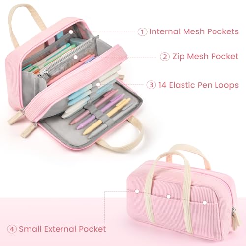 Image of Sooez Large Pencil Case Pouch, Extra Big Pencil Bag with 5 Compartments, Pen Case Wide Opening, Soft Corduroy Pen Bag Organizer with Zipper, Cute Aesthetic School Supplies for Teen Girls, Pink