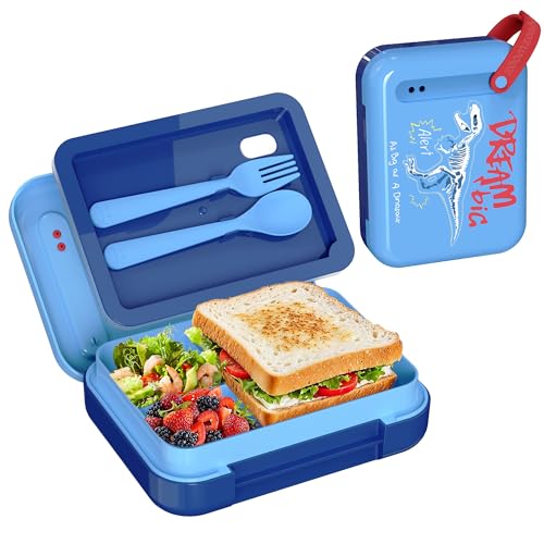 Image of Kids Bento Lunch Box for Boys & Girls - 4-Compartment Leak-Proof Lunch Container with Hidden Silicone Handle, Lightweight, BPA-Free, 855ml for School & Travel (Dinosaur)